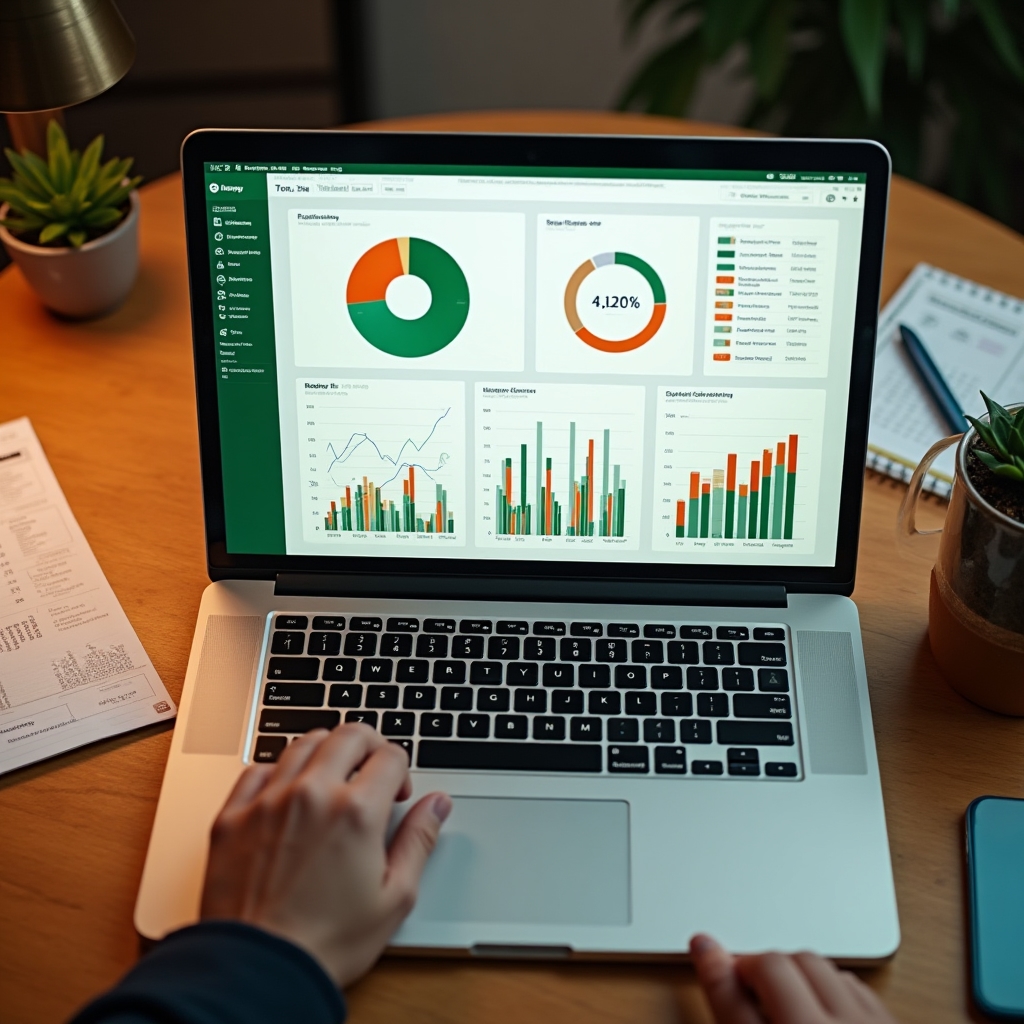 Monthly business performance dashboard showing charts and KPIs on a laptop screen