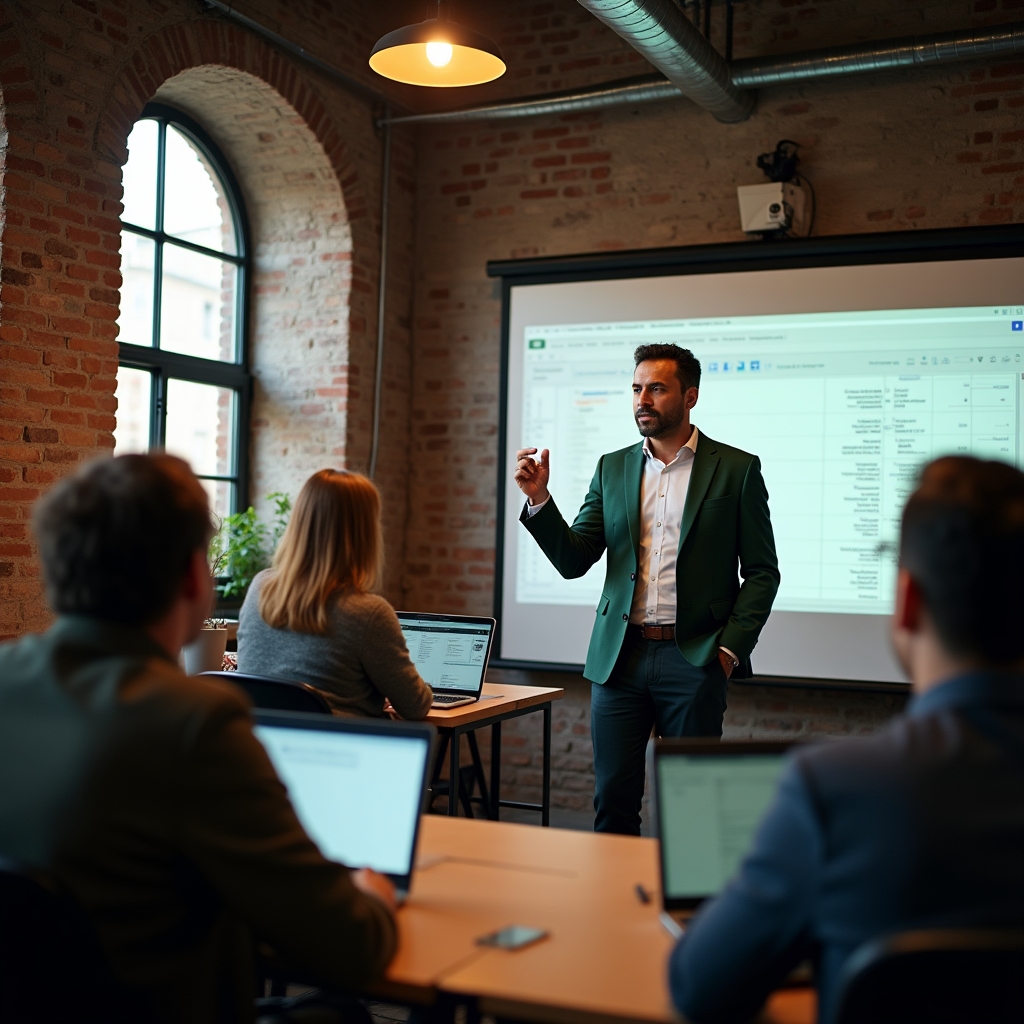 Instructor explaining Excel functions to a small group of business owners in a classroom setting