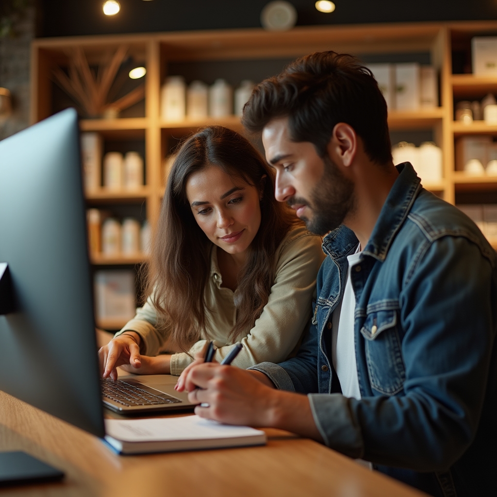 Small retail store team reviewing inventory and sales records together